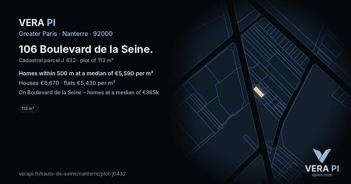 106 Boulevard de la Seine, Nanterre at night – the plot lit, the parcels around coloured by the prices near them