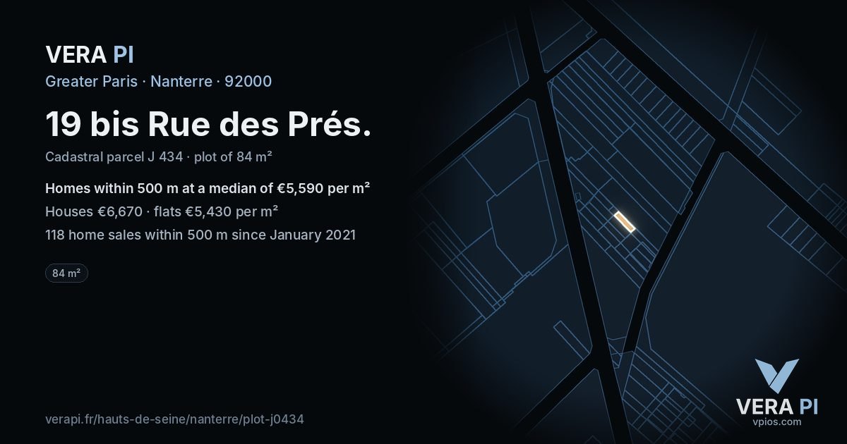 19 bis Rue des Prés, Nanterre at night – the plot lit, the parcels around coloured by the prices near them