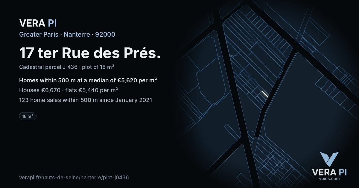 17 ter Rue des Prés, Nanterre at night – the plot lit, the parcels around coloured by the prices near them