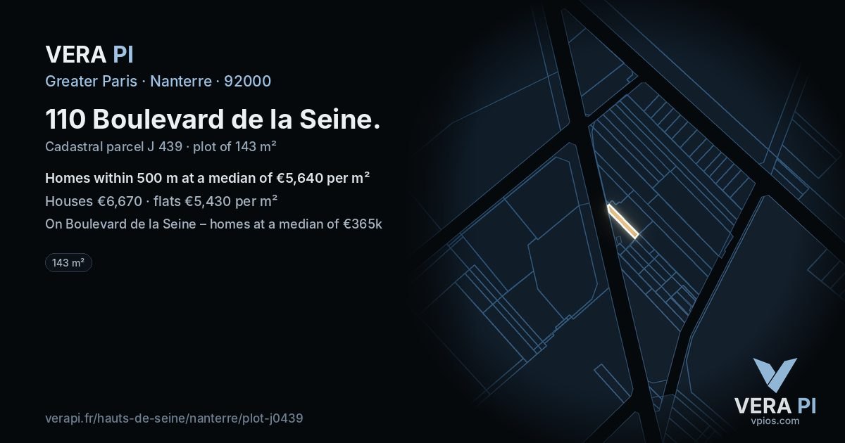 110 Boulevard de la Seine, Nanterre at night – the plot lit, the parcels around coloured by the prices near them