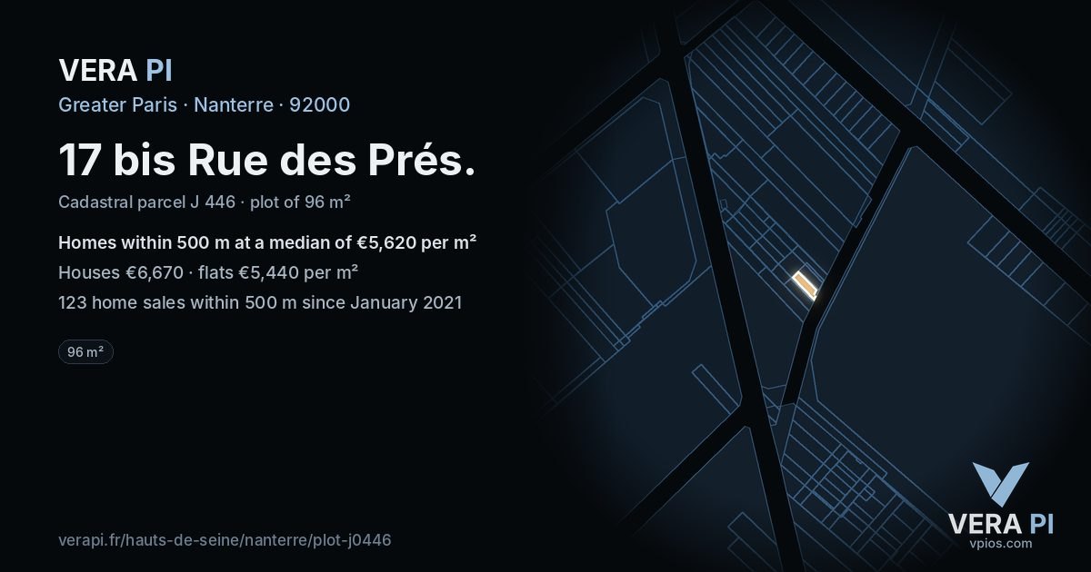 17 bis Rue des Prés, Nanterre at night – the plot lit, the parcels around coloured by the prices near them