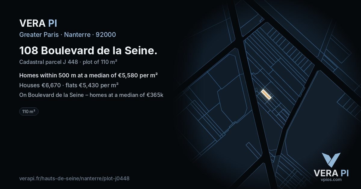 108 Boulevard de la Seine, Nanterre at night – the plot lit, the parcels around coloured by the prices near them