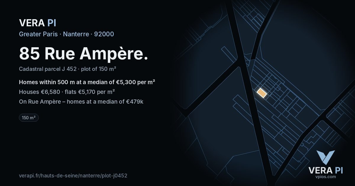 85 Rue Ampère, Nanterre at night – the plot lit, the parcels around coloured by the prices near them