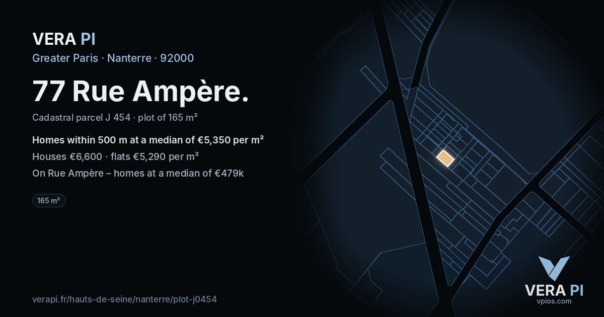 77 Rue Ampère, Nanterre at night – the plot lit, the parcels around coloured by the prices near them