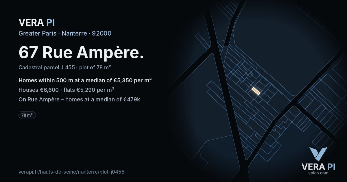 67 Rue Ampère, Nanterre at night – the plot lit, the parcels around coloured by the prices near them