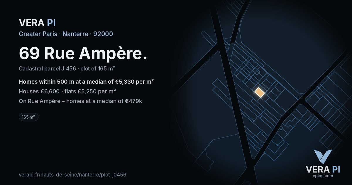 69 Rue Ampère, Nanterre at night – the plot lit, the parcels around coloured by the prices near them
