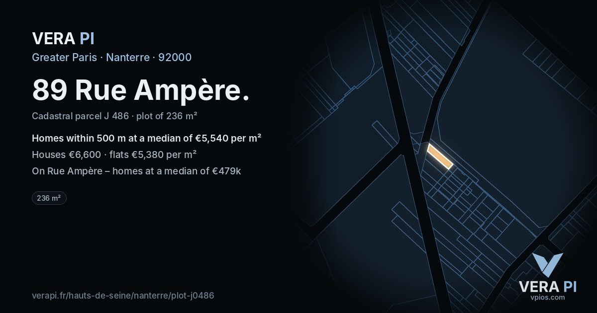 89 Rue Ampère, Nanterre at night – the plot lit, the parcels around coloured by the prices near them