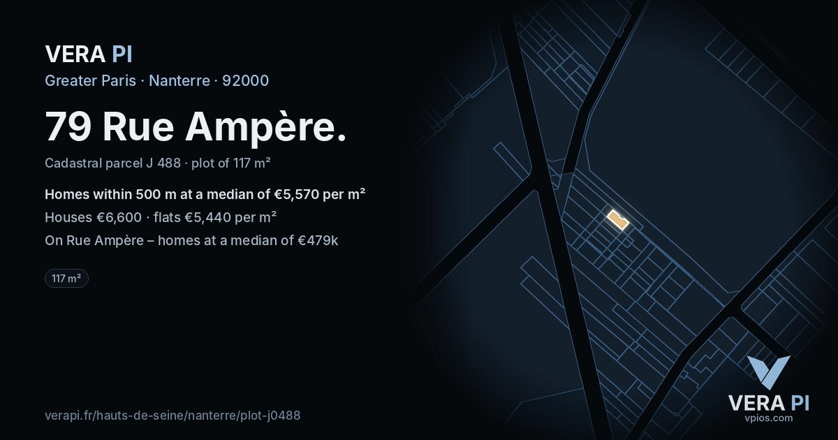 79 Rue Ampère, Nanterre at night – the plot lit, the parcels around coloured by the prices near them