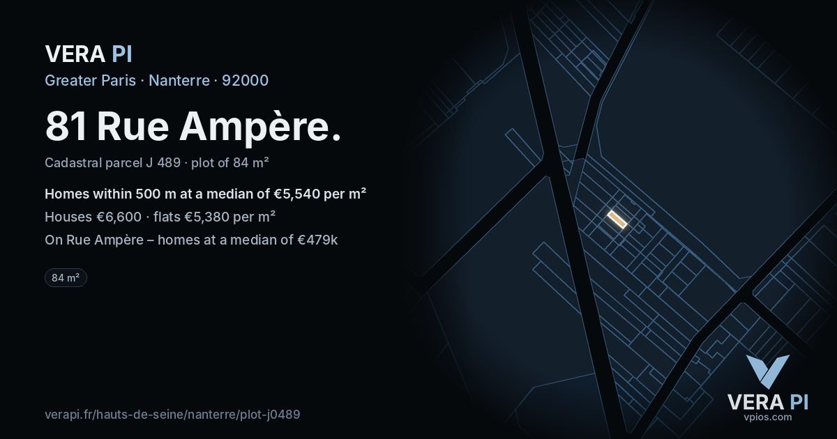 81 Rue Ampère, Nanterre at night – the plot lit, the parcels around coloured by the prices near them
