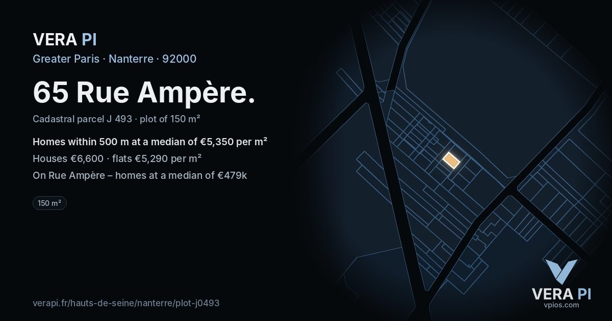 65 Rue Ampère, Nanterre at night – the plot lit, the parcels around coloured by the prices near them