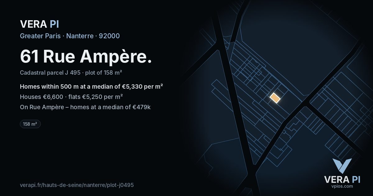 61 Rue Ampère, Nanterre at night – the plot lit, the parcels around coloured by the prices near them