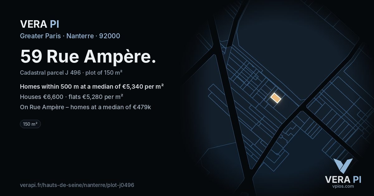 59 Rue Ampère, Nanterre at night – the plot lit, the parcels around coloured by the prices near them