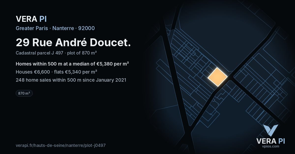 29 Rue André Doucet, Nanterre at night – the plot lit, the parcels around coloured by the prices near them