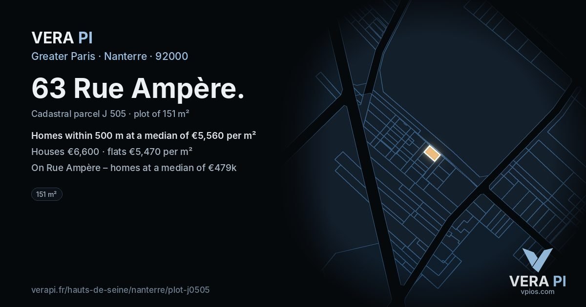 63 Rue Ampère, Nanterre at night – the plot lit, the parcels around coloured by the prices near them