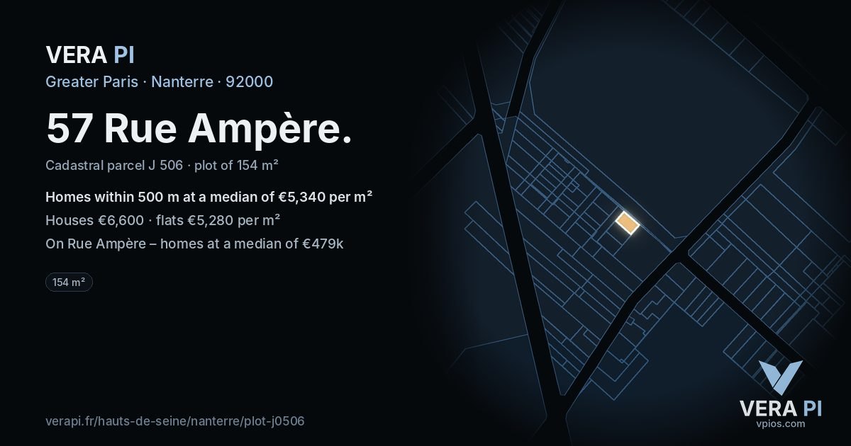 57 Rue Ampère, Nanterre at night – the plot lit, the parcels around coloured by the prices near them