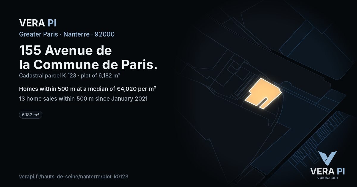 155 Avenue de la Commune de Paris, Nanterre at night – the plot lit, the parcels around coloured by the prices near them