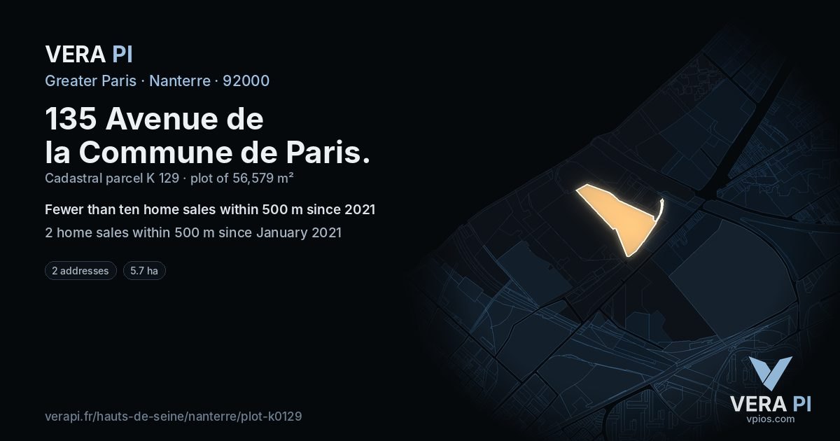 135 Avenue de la Commune de Paris, Nanterre at night – the plot lit, the parcels around coloured by the prices near them