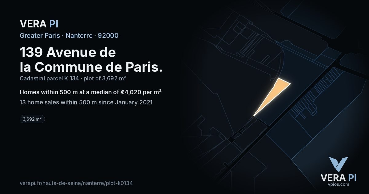 139 Avenue de la Commune de Paris, Nanterre at night – the plot lit, the parcels around coloured by the prices near them