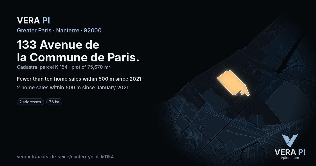 133 Avenue de la Commune de Paris, Nanterre at night – the plot lit, the parcels around coloured by the prices near them