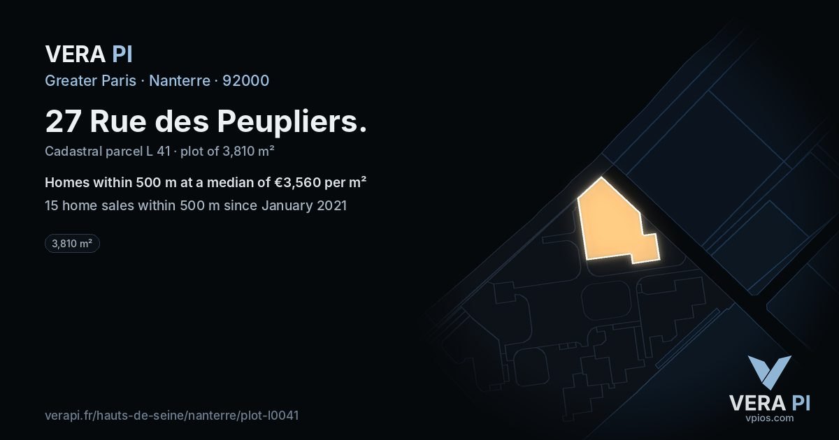 27 Rue des Peupliers, Nanterre at night – the plot lit, the parcels around coloured by the prices near them