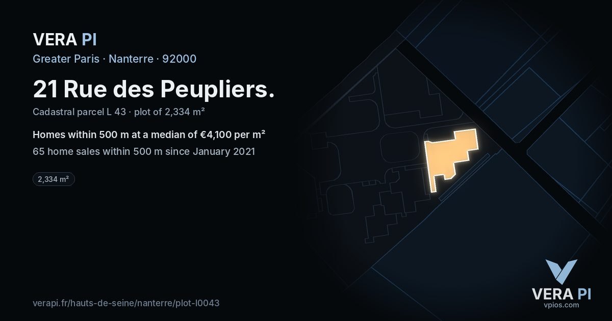 21 Rue des Peupliers, Nanterre at night – the plot lit, the parcels around coloured by the prices near them
