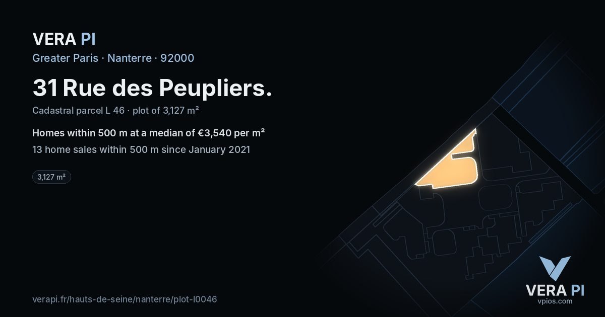 31 Rue des Peupliers, Nanterre at night – the plot lit, the parcels around coloured by the prices near them