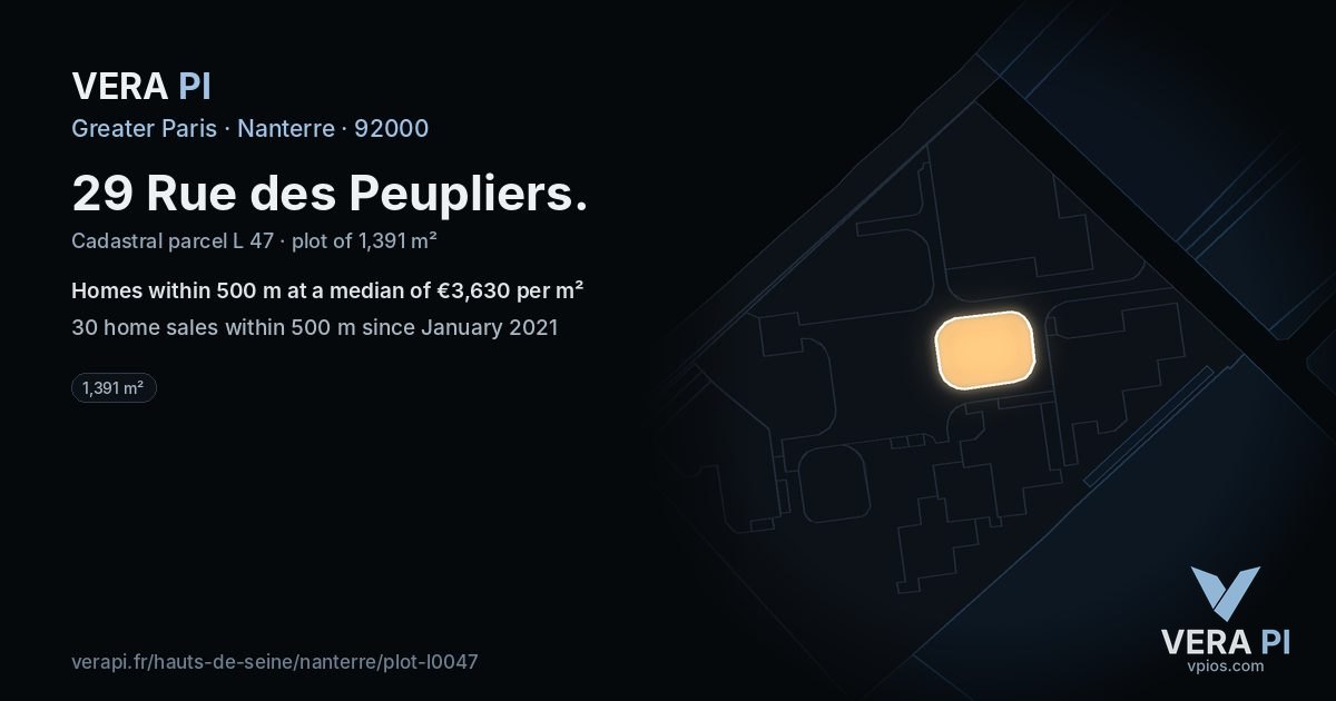 29 Rue des Peupliers, Nanterre at night – the plot lit, the parcels around coloured by the prices near them