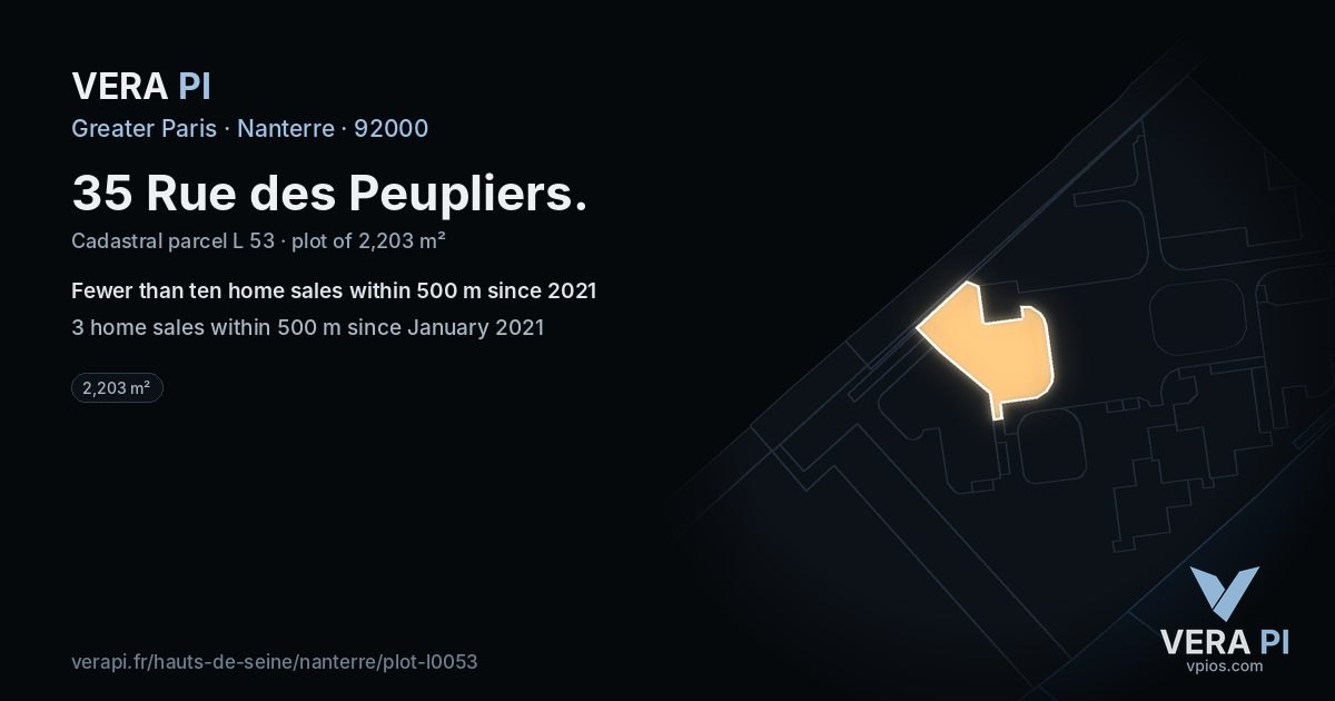 35 Rue des Peupliers, Nanterre at night – the plot lit, the parcels around coloured by the prices near them