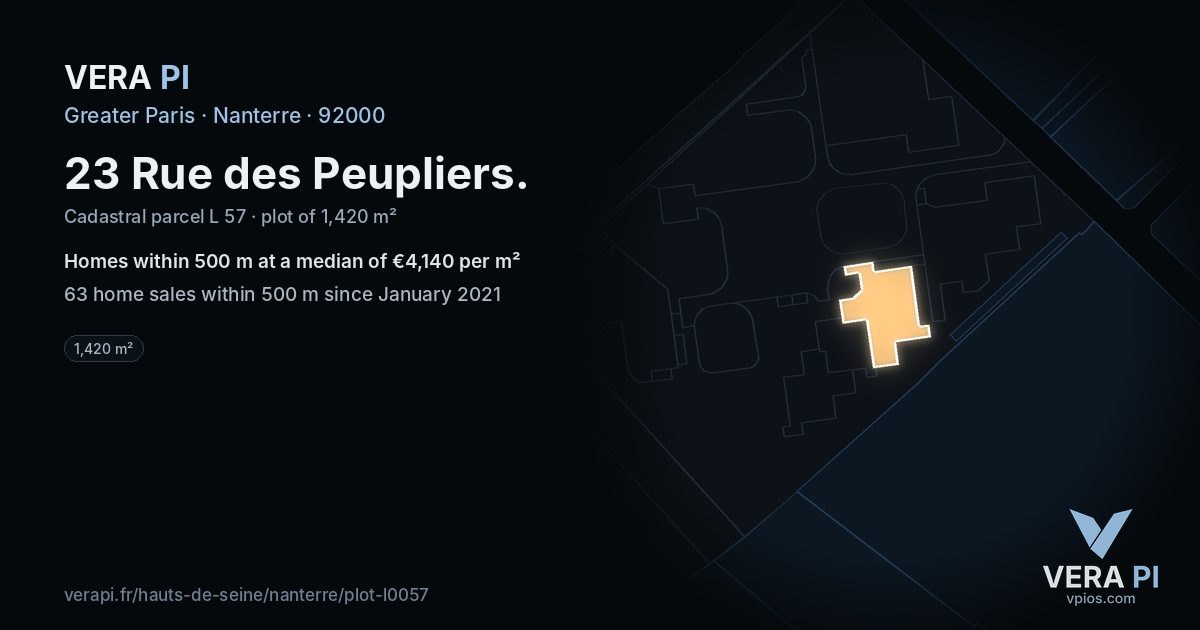 23 Rue des Peupliers, Nanterre at night – the plot lit, the parcels around coloured by the prices near them