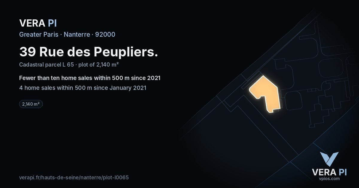 39 Rue des Peupliers, Nanterre at night – the plot lit, the parcels around coloured by the prices near them