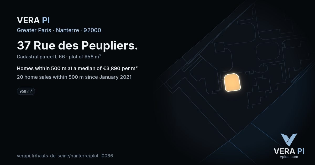 37 Rue des Peupliers, Nanterre at night – the plot lit, the parcels around coloured by the prices near them
