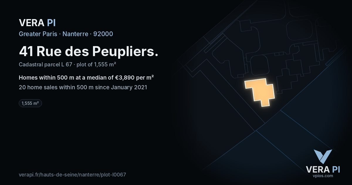 41 Rue des Peupliers, Nanterre at night – the plot lit, the parcels around coloured by the prices near them