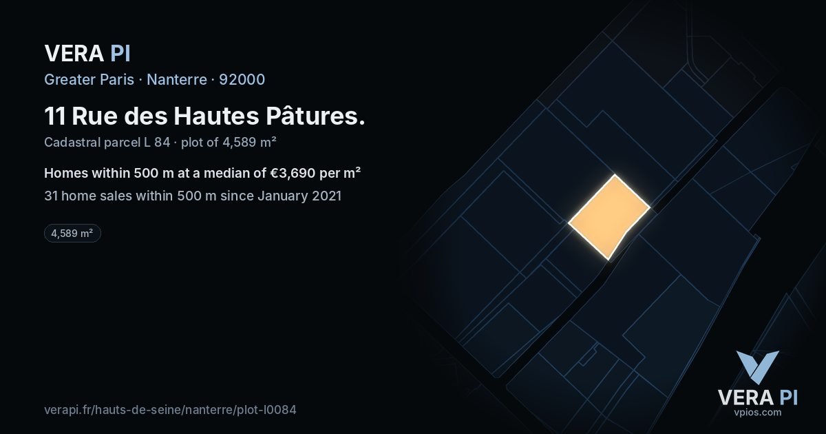 11 Rue des Hautes Pâtures, Nanterre at night – the plot lit, the parcels around coloured by the prices near them