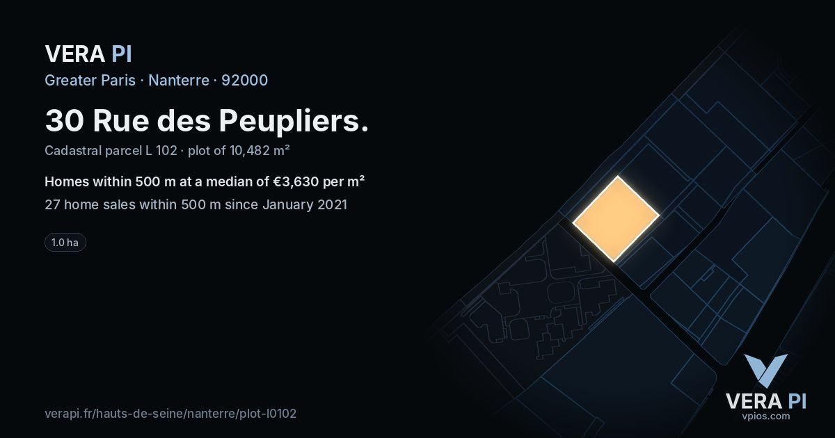 30 Rue des Peupliers, Nanterre at night – the plot lit, the parcels around coloured by the prices near them