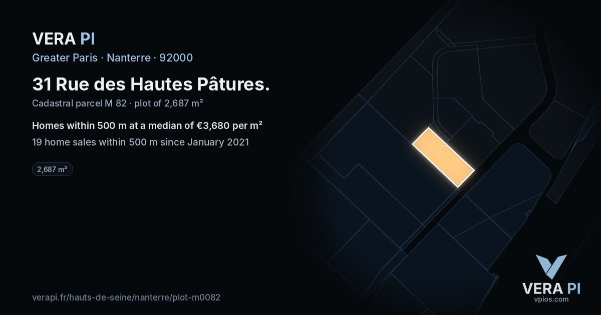 31 Rue des Hautes Pâtures, Nanterre at night – the plot lit, the parcels around coloured by the prices near them