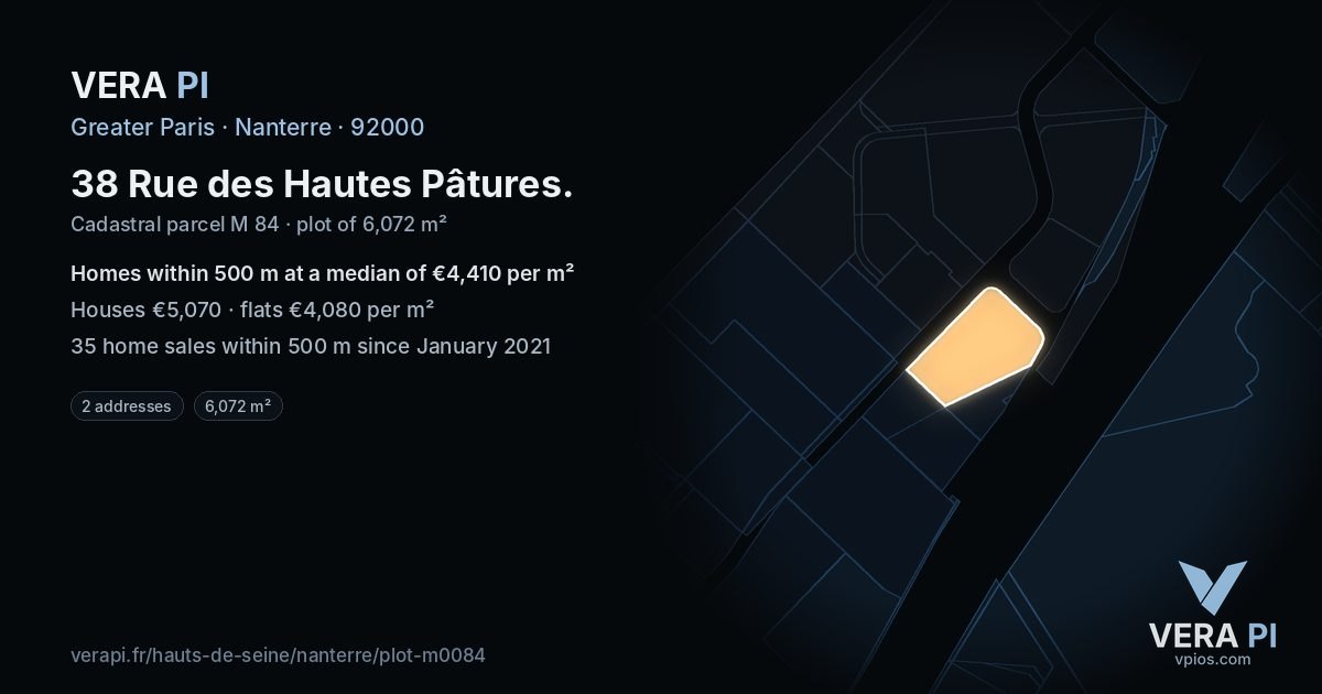 38 Rue des Hautes Pâtures, Nanterre at night – the plot lit, the parcels around coloured by the prices near them