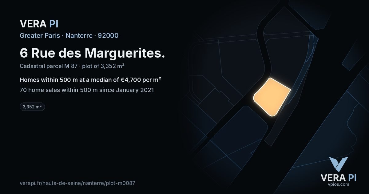 6 Rue des Marguerites, Nanterre at night – the plot lit, the parcels around coloured by the prices near them