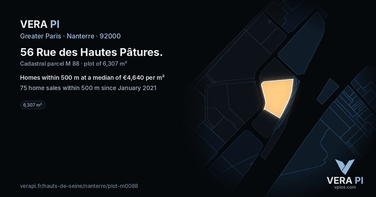 56 Rue des Hautes Pâtures, Nanterre at night – the plot lit, the parcels around coloured by the prices near them