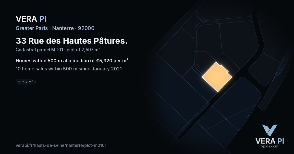 33 Rue des Hautes Pâtures, Nanterre at night – the plot lit, the parcels around coloured by the prices near them