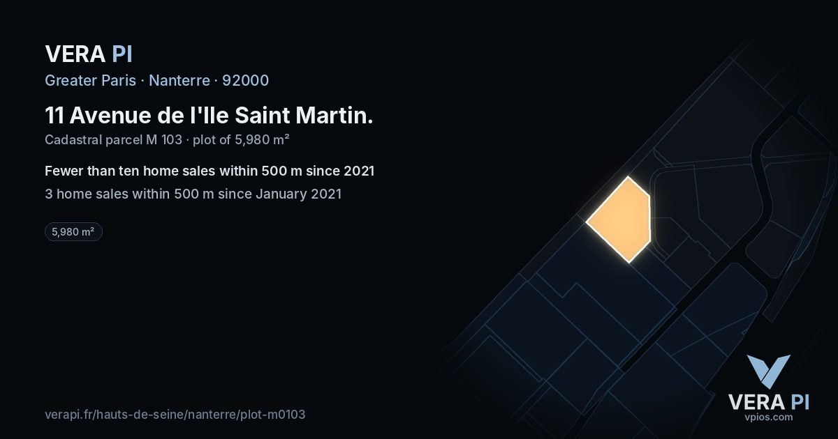 11 Avenue de l'Ile Saint Martin, Nanterre at night – the plot lit, the parcels around coloured by the prices near them