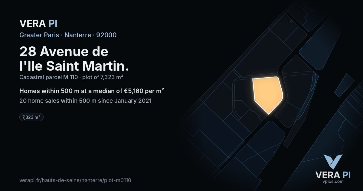28 Avenue de l'Ile Saint Martin, Nanterre at night – the plot lit, the parcels around coloured by the prices near them