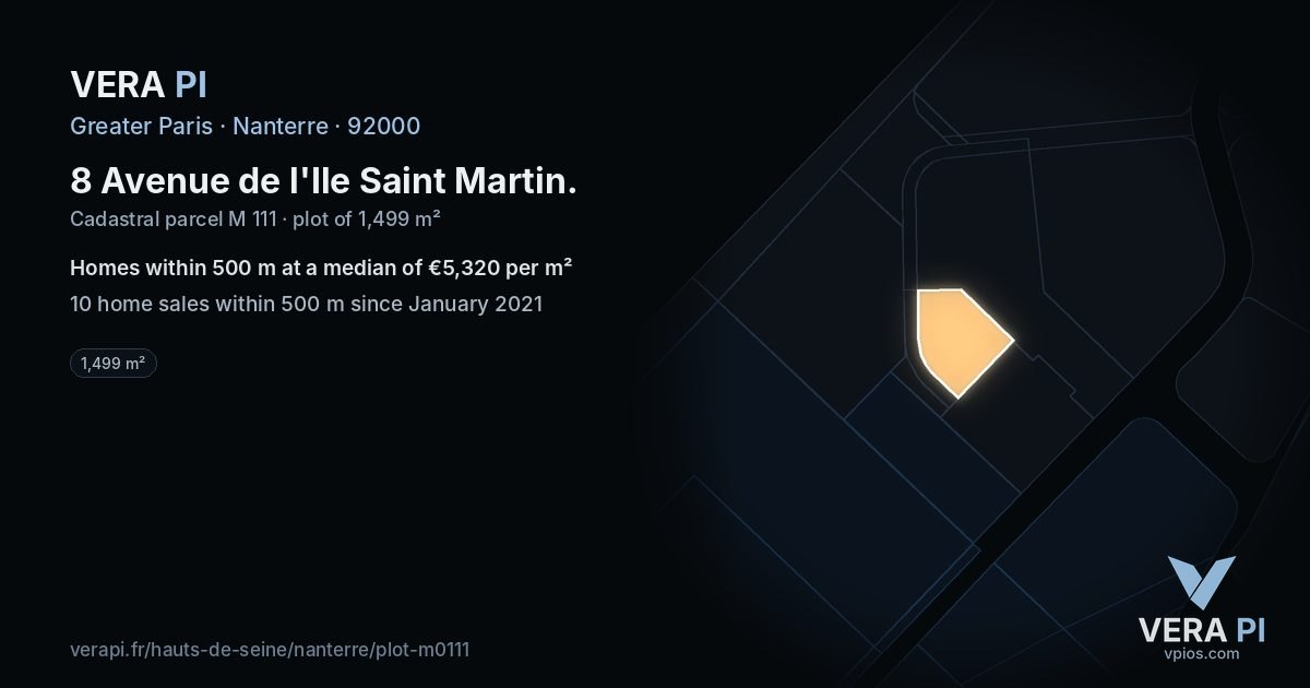 8 Avenue de l'Ile Saint Martin, Nanterre at night – the plot lit, the parcels around coloured by the prices near them