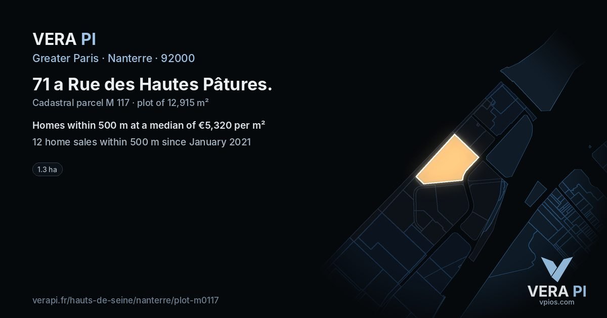 71 a Rue des Hautes Pâtures, Nanterre at night – the plot lit, the parcels around coloured by the prices near them