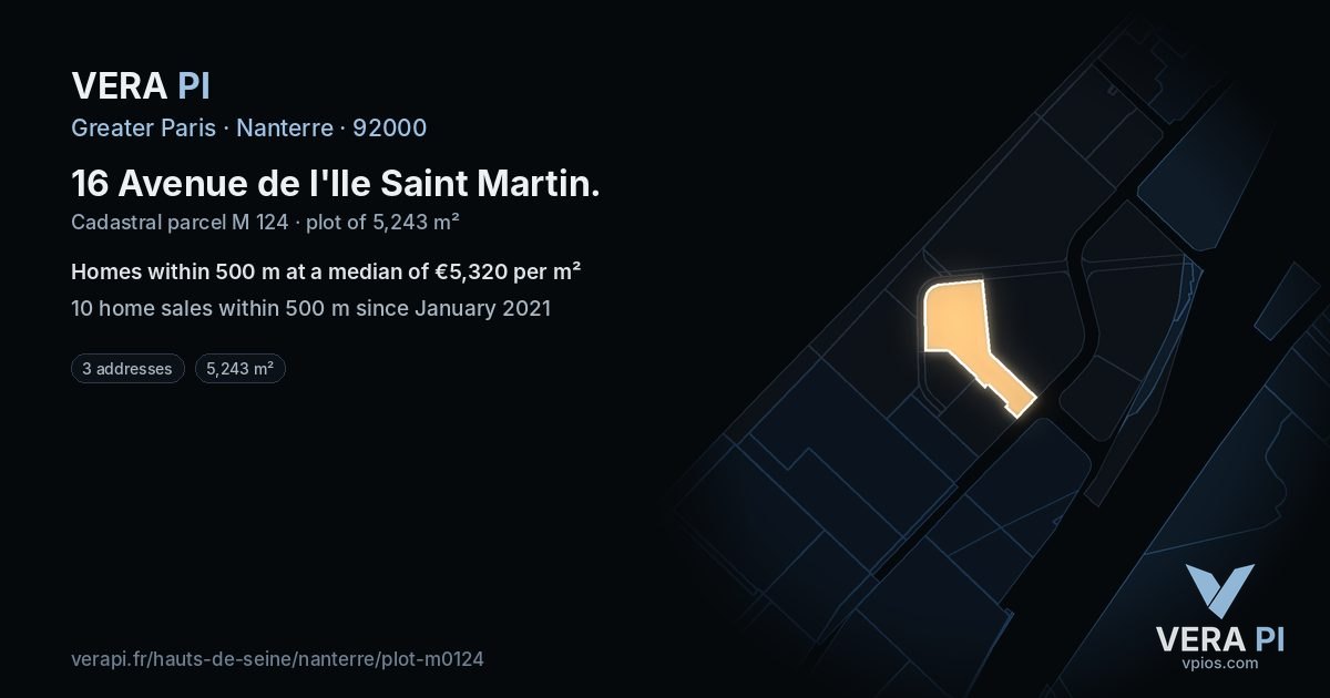 16 Avenue de l'Ile Saint Martin, Nanterre at night – the plot lit, the parcels around coloured by the prices near them
