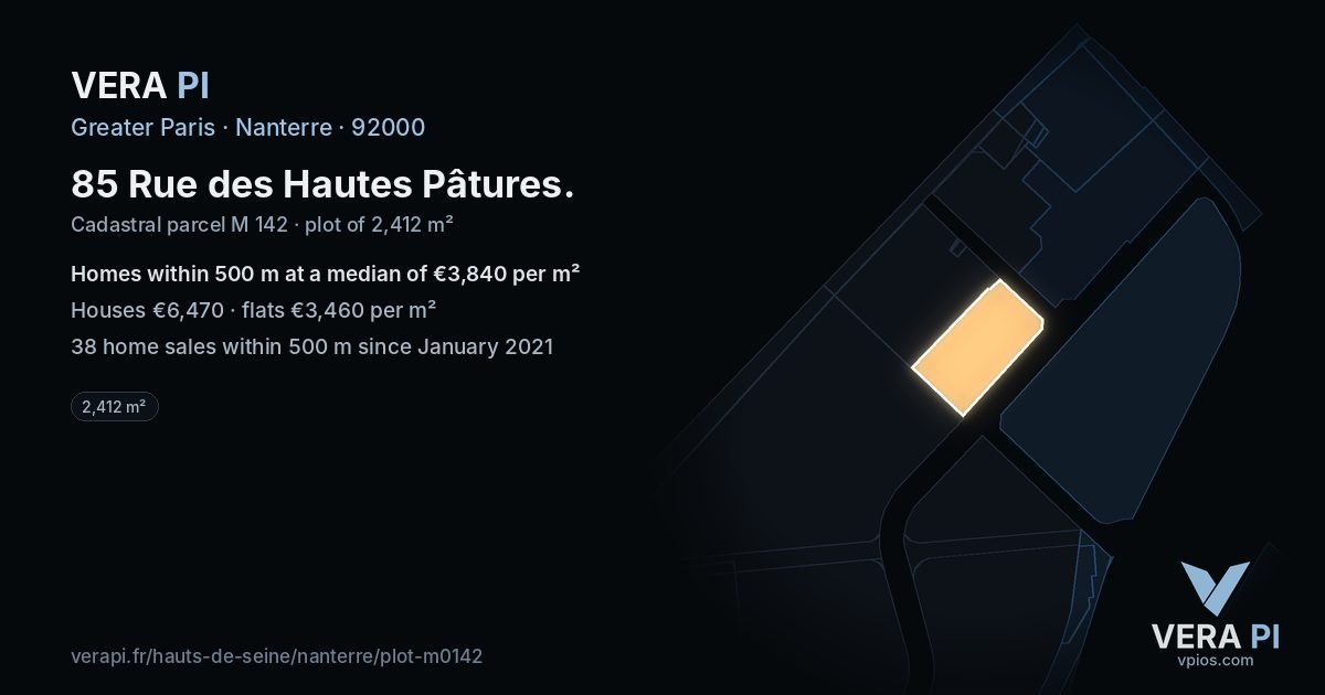 85 Rue des Hautes Pâtures, Nanterre at night – the plot lit, the parcels around coloured by the prices near them