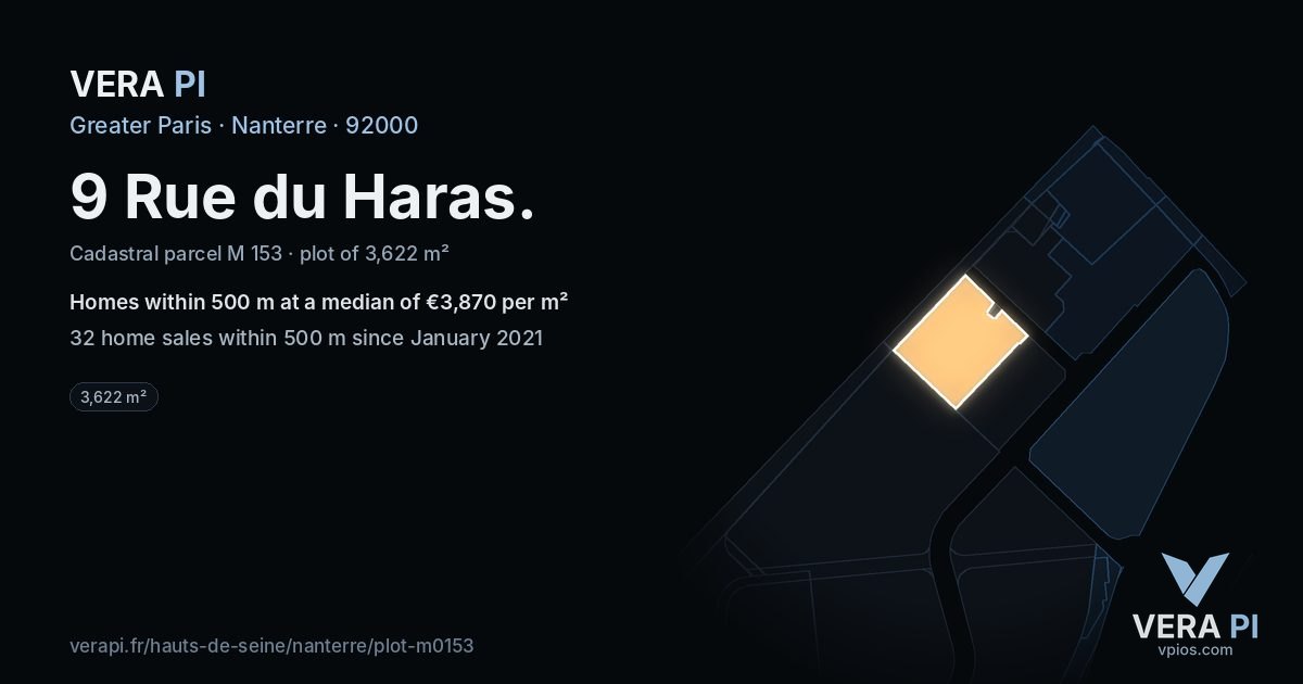 9 Rue du Haras, Nanterre at night – the plot lit, the parcels around coloured by the prices near them