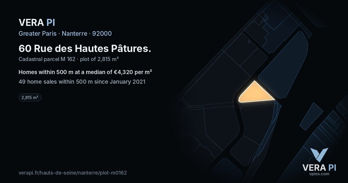 60 Rue des Hautes Pâtures, Nanterre at night – the plot lit, the parcels around coloured by the prices near them