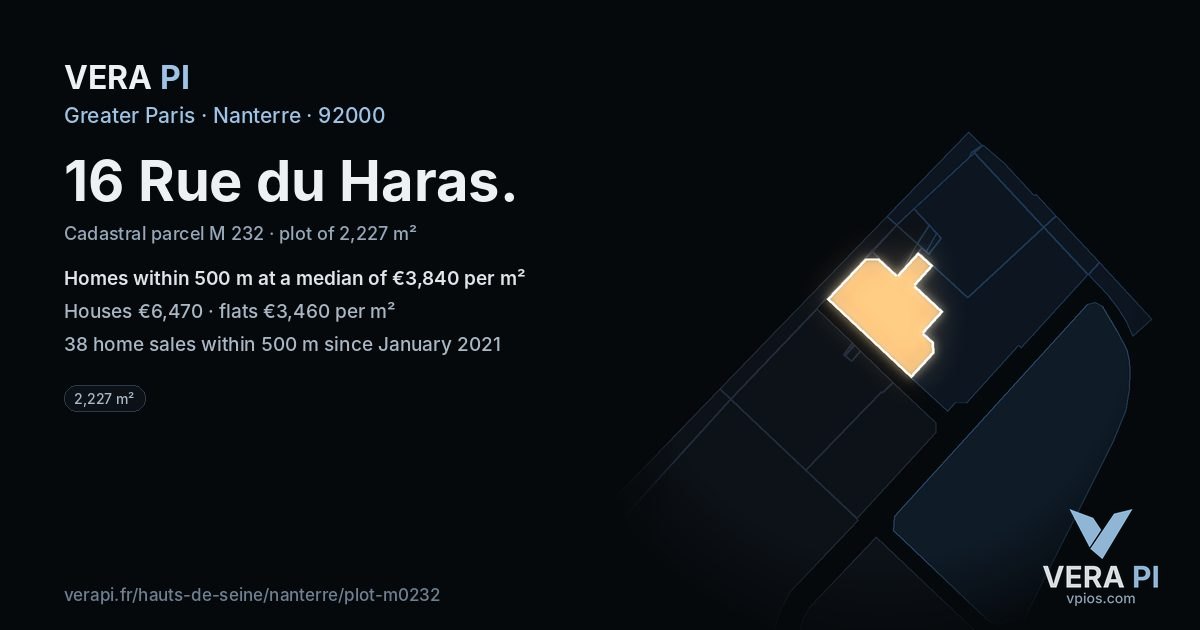 16 Rue du Haras, Nanterre at night – the plot lit, the parcels around coloured by the prices near them