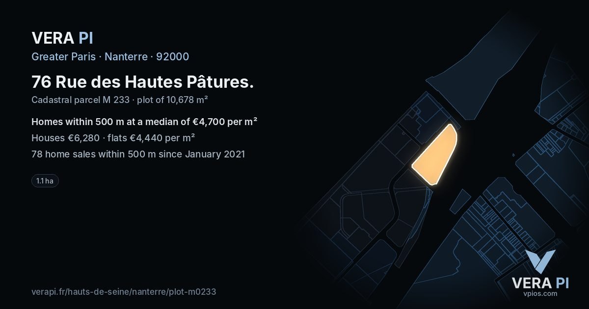 76 Rue des Hautes Pâtures, Nanterre at night – the plot lit, the parcels around coloured by the prices near them