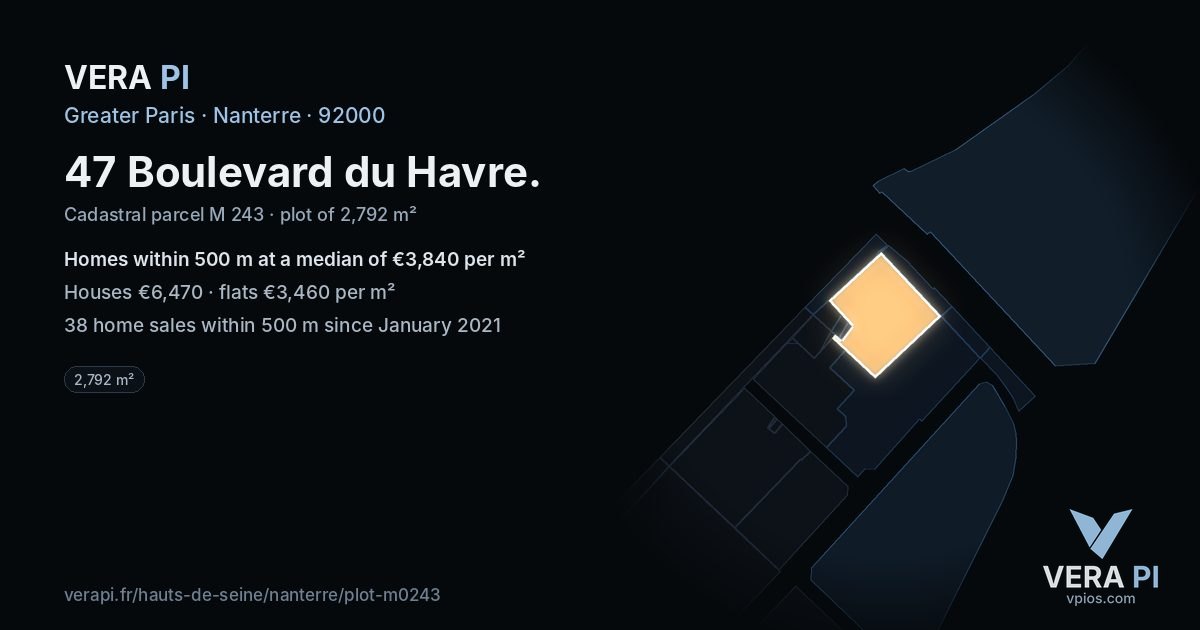 47 Boulevard du Havre, Nanterre at night – the plot lit, the parcels around coloured by the prices near them